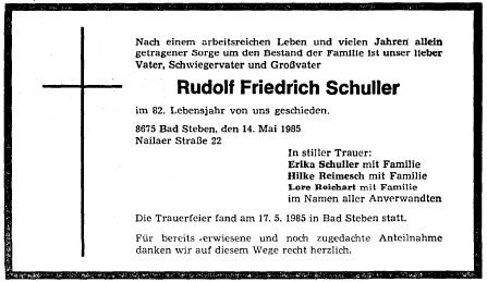 Schuller Rudolf 1903-1985 Todesanzeige